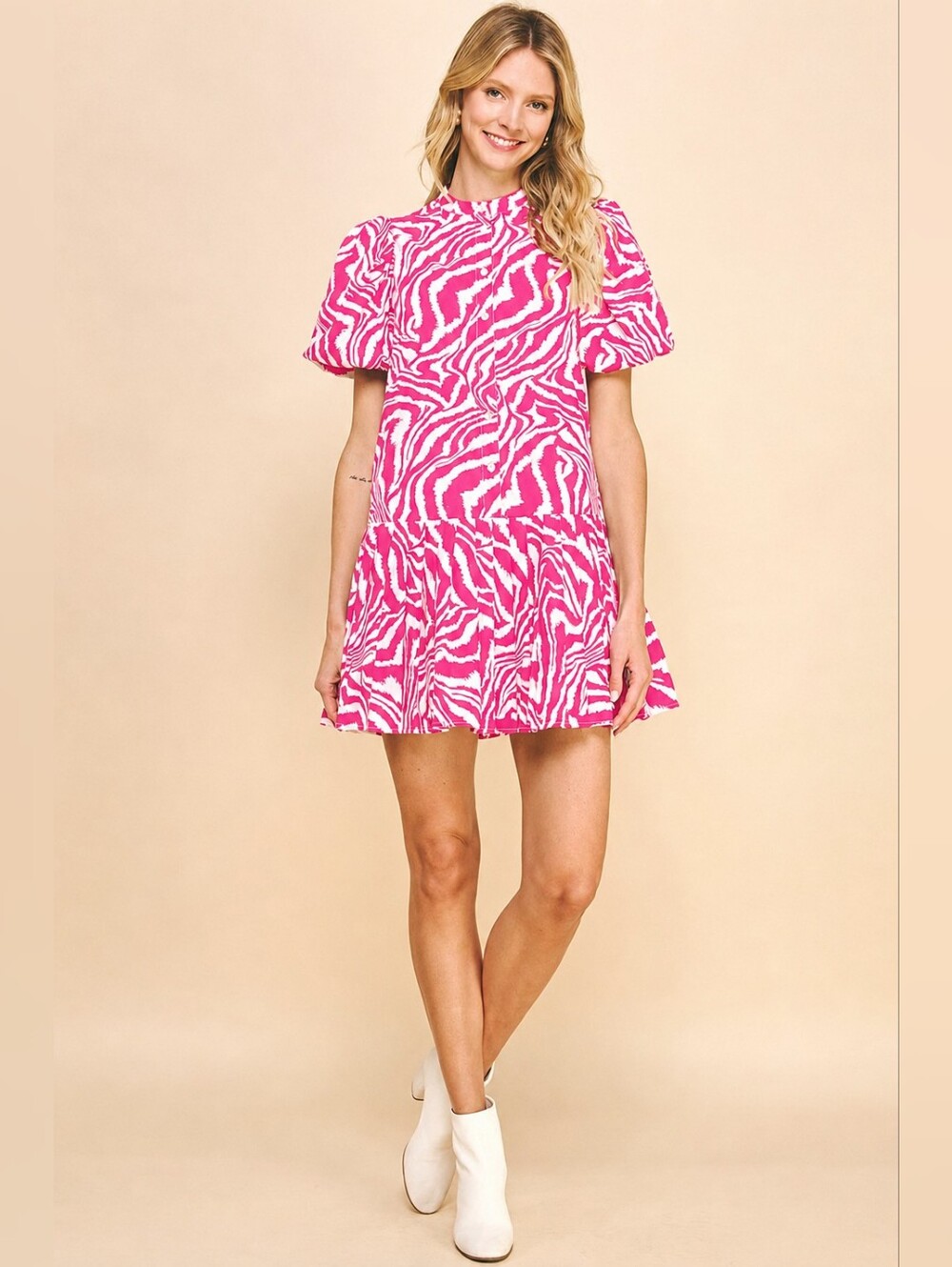 Pinch Zebra Animal Print Mini Dress Hot Pink Small Puff Sleeves Shirt Dress